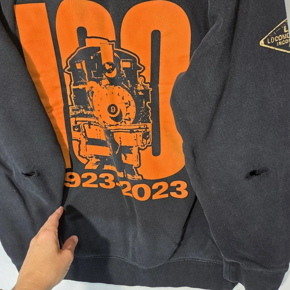 Lima Locomotive Works 100 Year Anniv Hoodie Black Full Zip MED Distressed Elbows